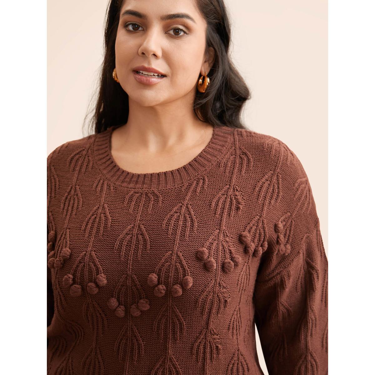 Plus Size Crochet Floral Drop Shoulder Sleeve Pullover DarkBrown Women Casual Long Sleeve Round Neck Everyday Pullovers BloomChic 22-24/3X Product Image
