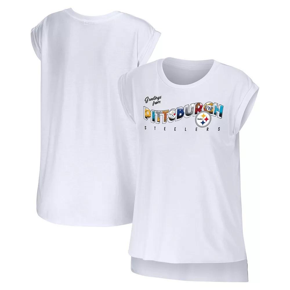 Women's WEAR by Erin Andrews White Pittsburgh Steelers Greetings From Muscle T-Shirt, Size: Small Product Image