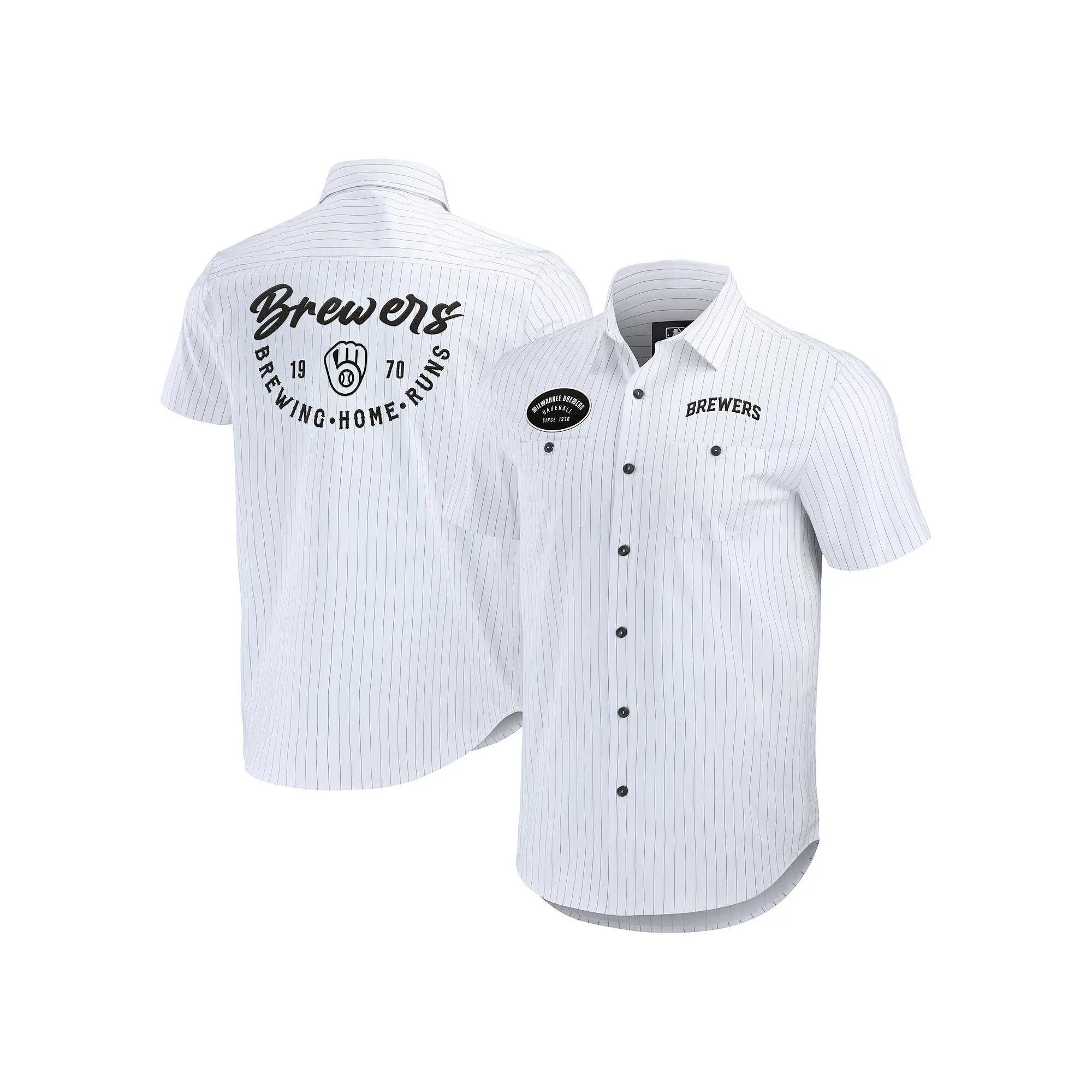 Men's Darius Rucker Collection by Fanatics White Milwaukee Brewers Pin Stripe Short Sleeve Button-Up Shirt, Size: Small Product Image