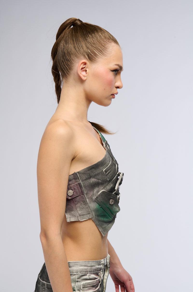 NOT YOURS BRALETTE DETAIL LAYERED PAINTED BUTTON DOWN BLOUSE Product Image