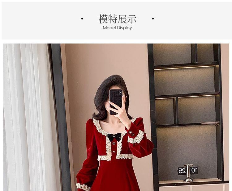 Long Sleeve Scoop Neck Lace Ruffle Trim Velvet Mini A-Line Dress Product Image