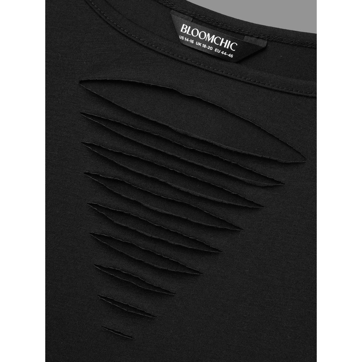 Plus Size Stretchy Ripped Neck Fitted T-Shirt Black Women Casual Cut-Out Round Neck Everyday T-shirts BloomChic 12/L Product Image
