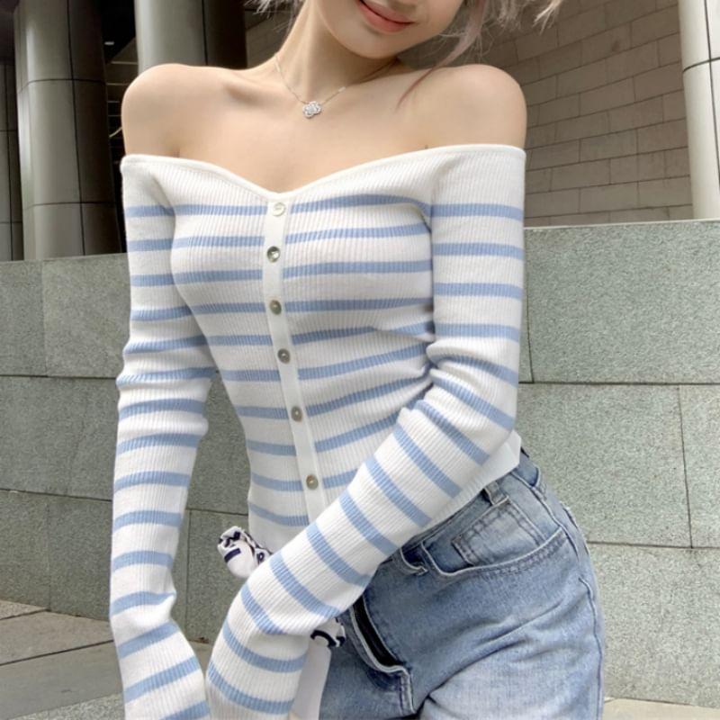 Long Sleeve Off Shoulder Striped Button Knit Top Product Image