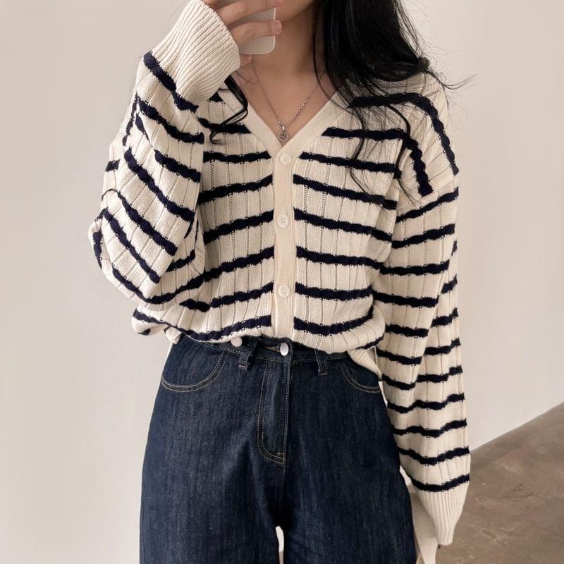 V-Neck Striped Ribbed Cardigan Product Image