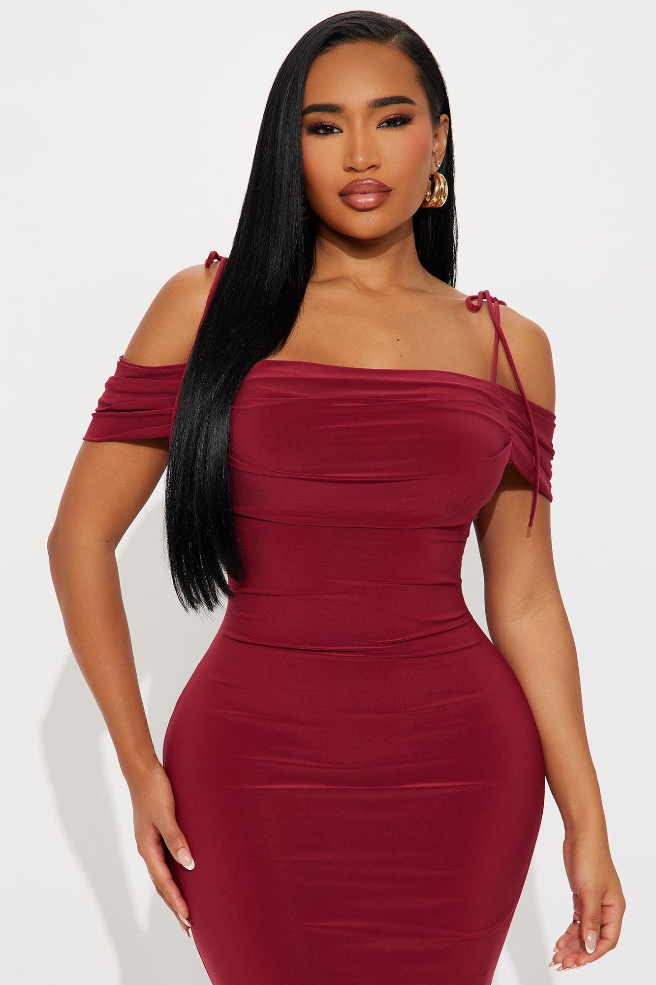 Jaden Off Shoulder Cowl Back Maxi Dress - Burgundy Product Image