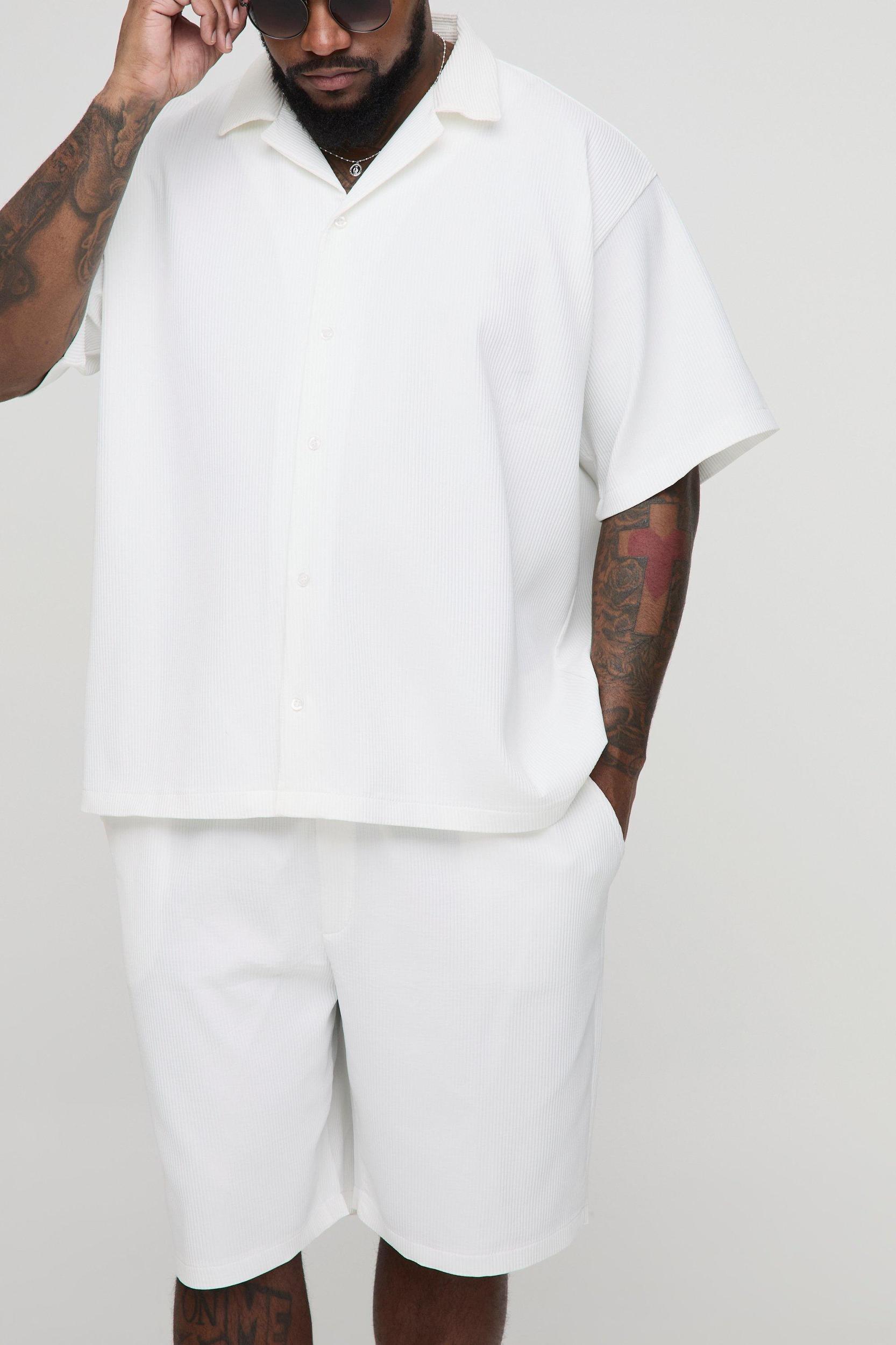 Mens Plus Pleated Oversized Shirt & Short Set - White Product Image