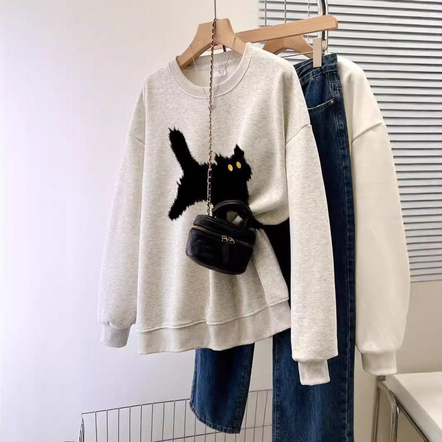 Crew Neck Cat Print Pullover Product Image