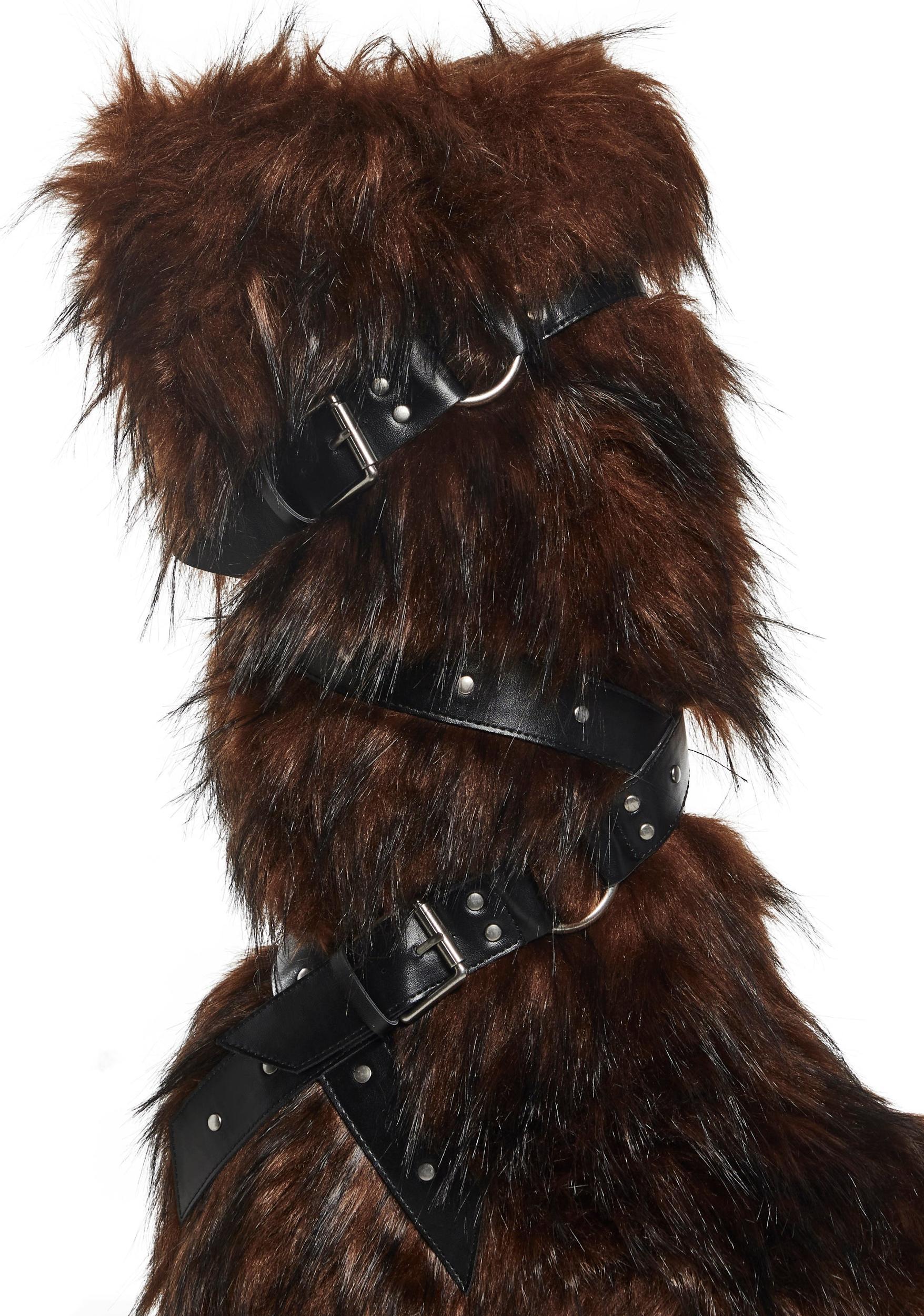 Club Exx Burning Man Faux Fur Strappy Knee High Wedge Platform Boots - Dark Brown Product Image