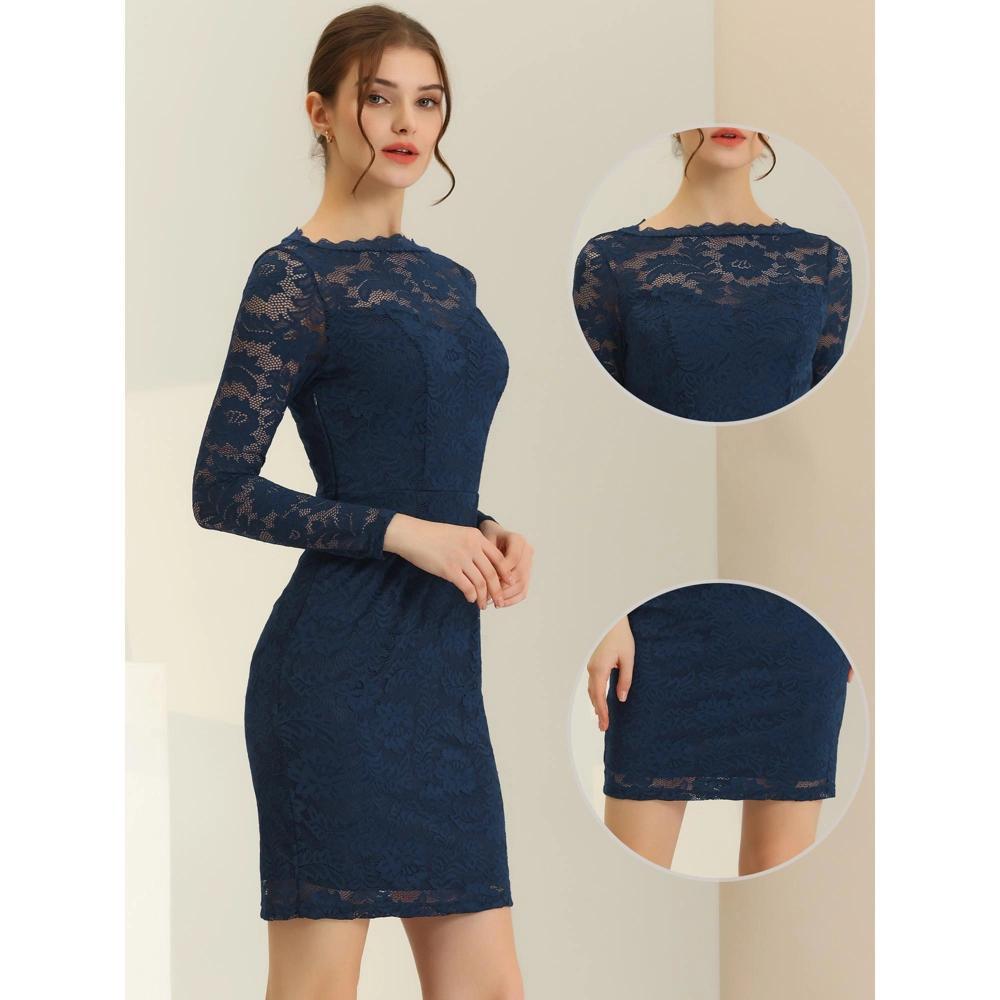 Allegra K Women's Elegant Lace Boat Neck Cocktail Bodycon Pencil Dress Dark Blue Small Product Image