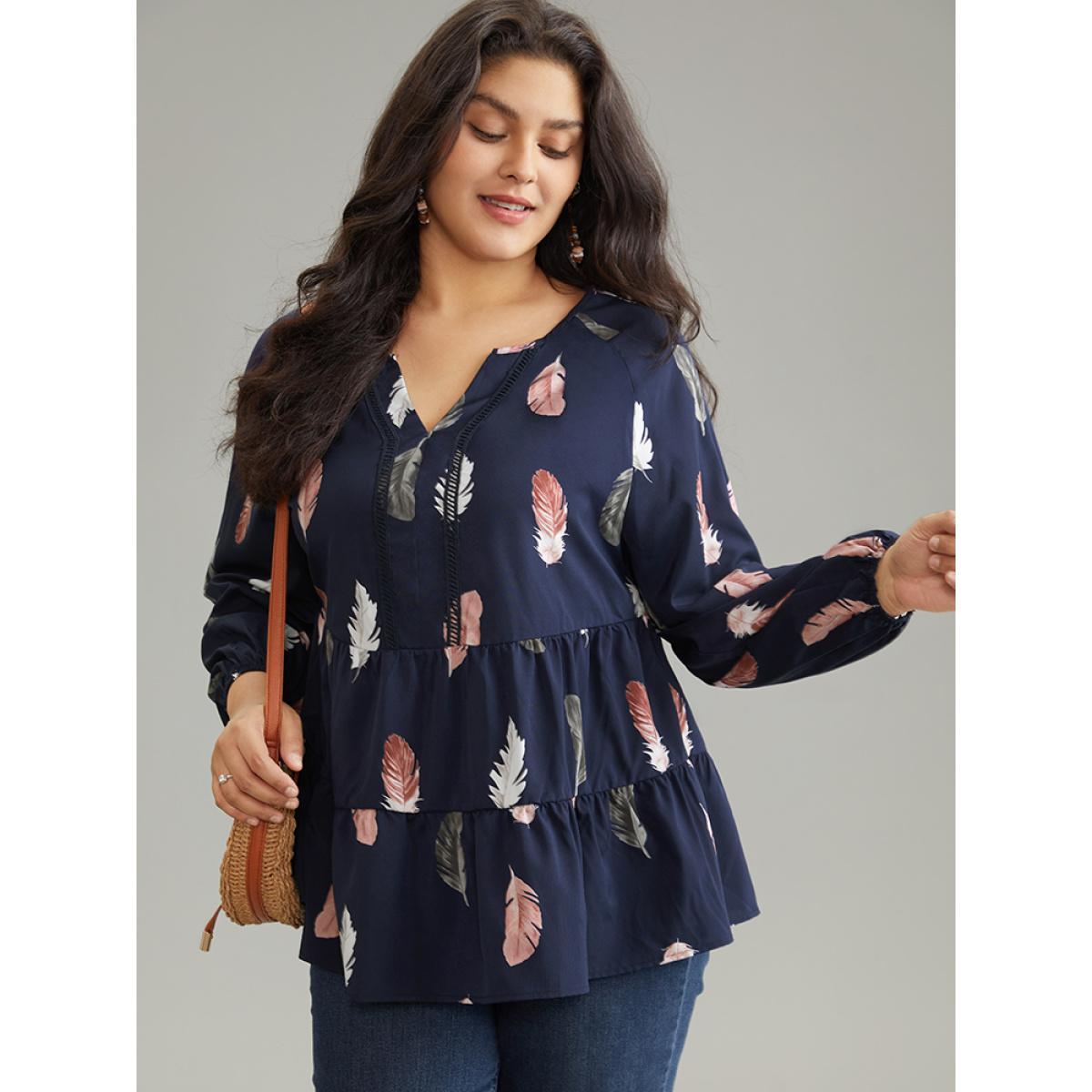 Plus Size Indigo Feather Print Notched Tiered Ruffle Hem Blouse Women Vacation Long Sleeve Notched collar Vacation Blouses BloomChic 18-20/2X Product Image