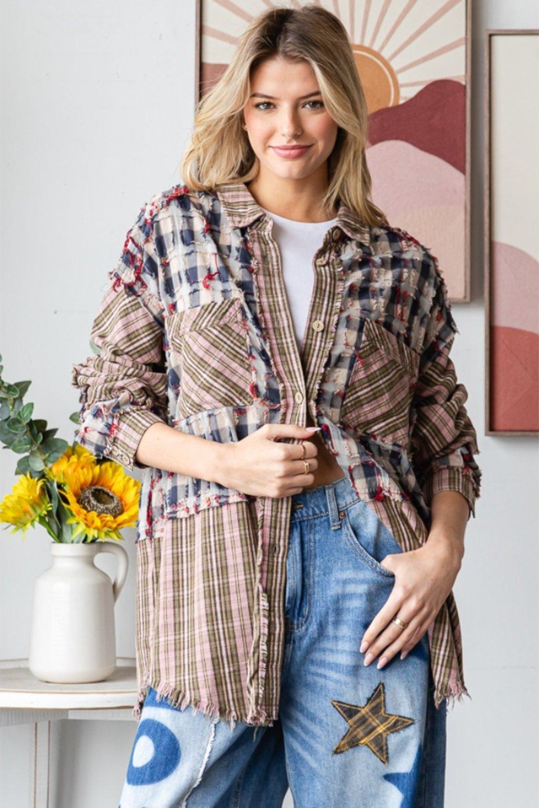 Oli & Hali Plaid Distressed Button Down Shirt Product Image