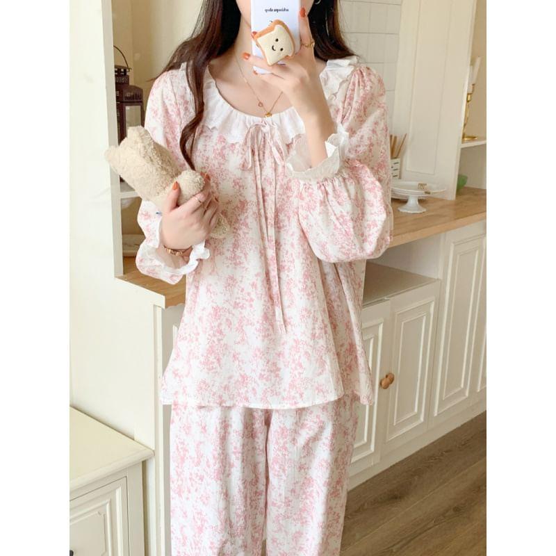 Couple Matching Pajama Set: Long-Sleeve Floral Print Top + Pants (Various Designs) Product Image