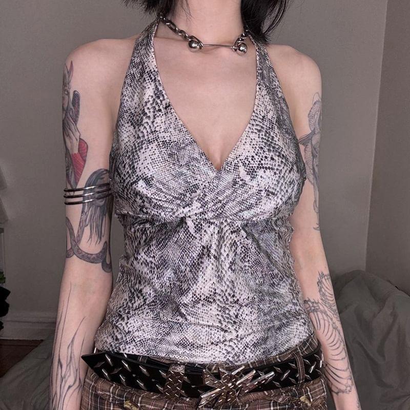 Halter V-Neck Snake Print Slim-Fit Crop Tank Top Product Image