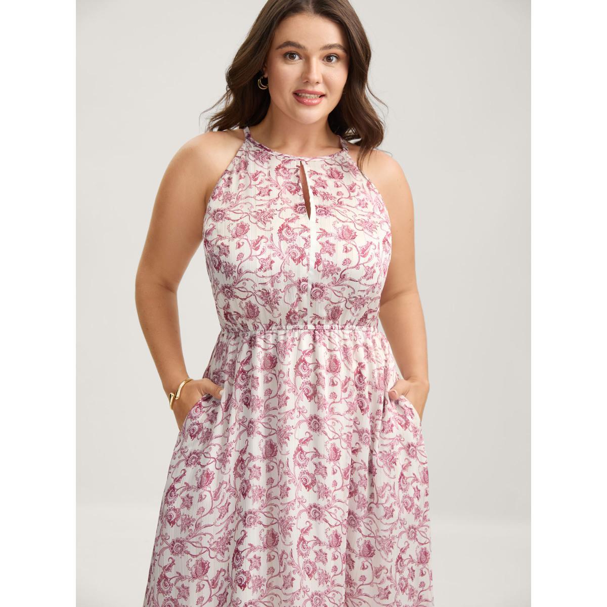 Plus Size Sweet Florals Halter Neck Midi Dress Multicolor Women Round Neck Sleeveless Curvy BloomChic 10/M Product Image