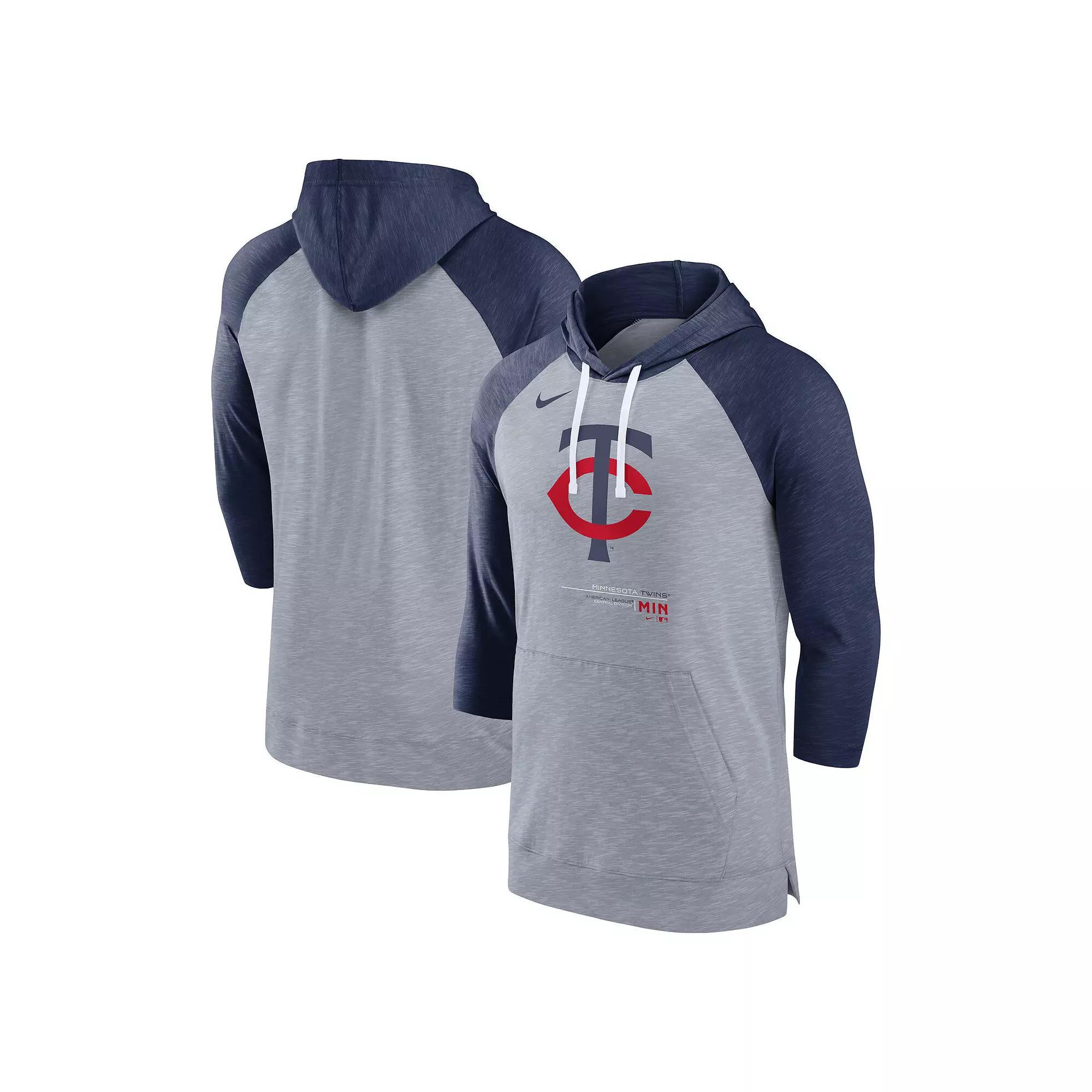 Mens Nike Heather Gray/Heather Navy Minnesota Twins Baseball Raglan 3/4-Sleeve Pullover Hoodie Product Image