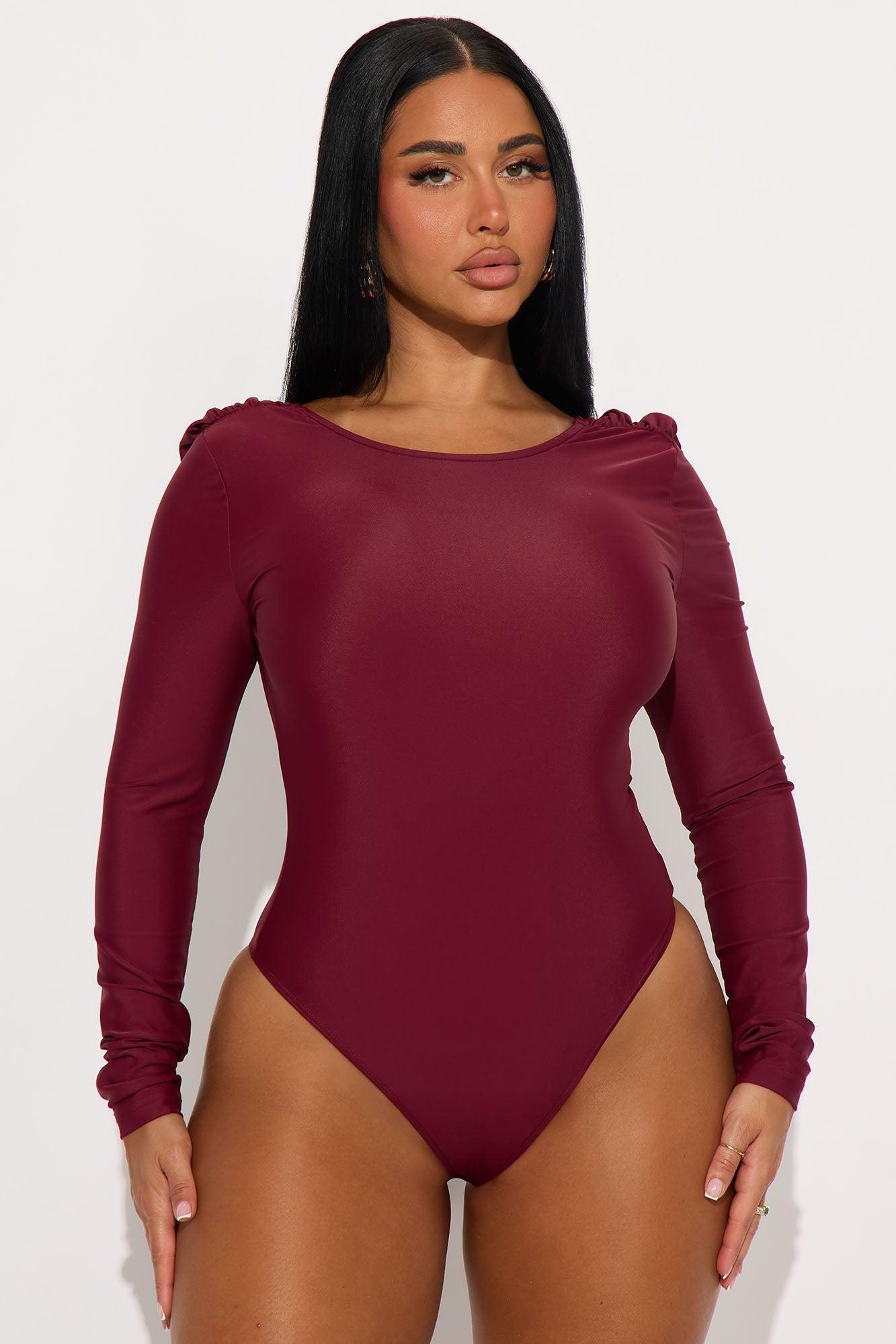 Sabrina Long Sleeve Open Bodysuit - Burgundy Product Image
