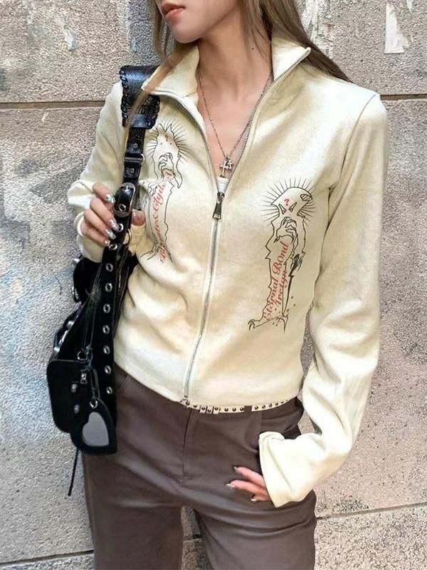 Vintage Print Lapel Neck Zip Up Long Sleeve Knit Product Image