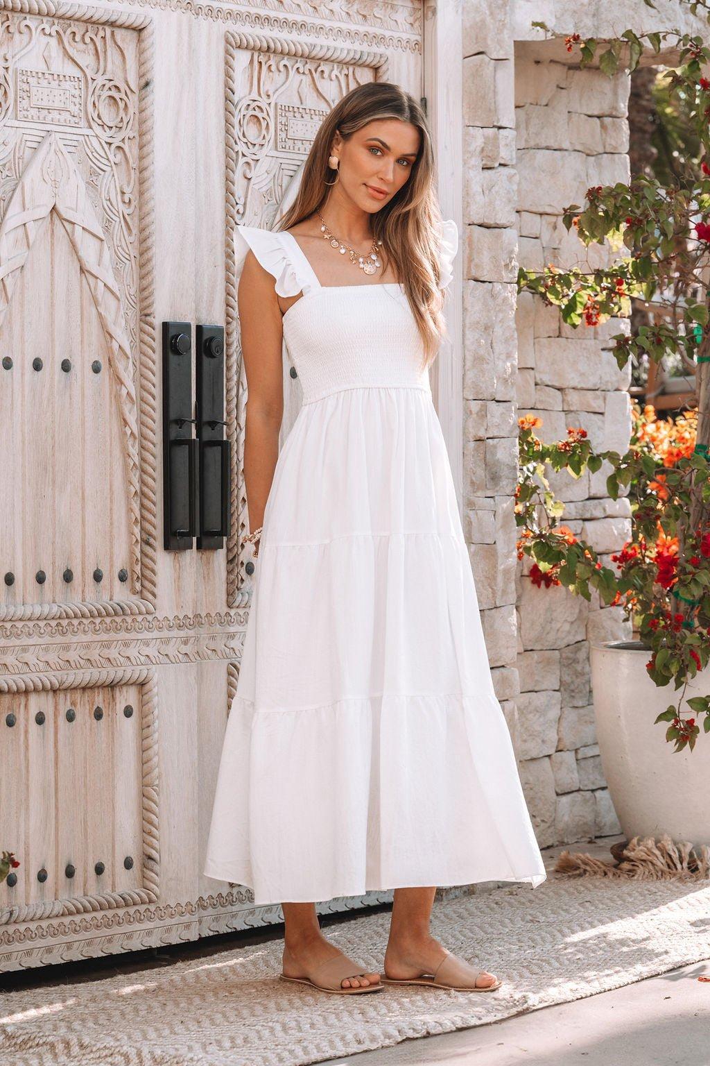 White Ruffle Sleeve Smock Tiered Midi Dress Product Image