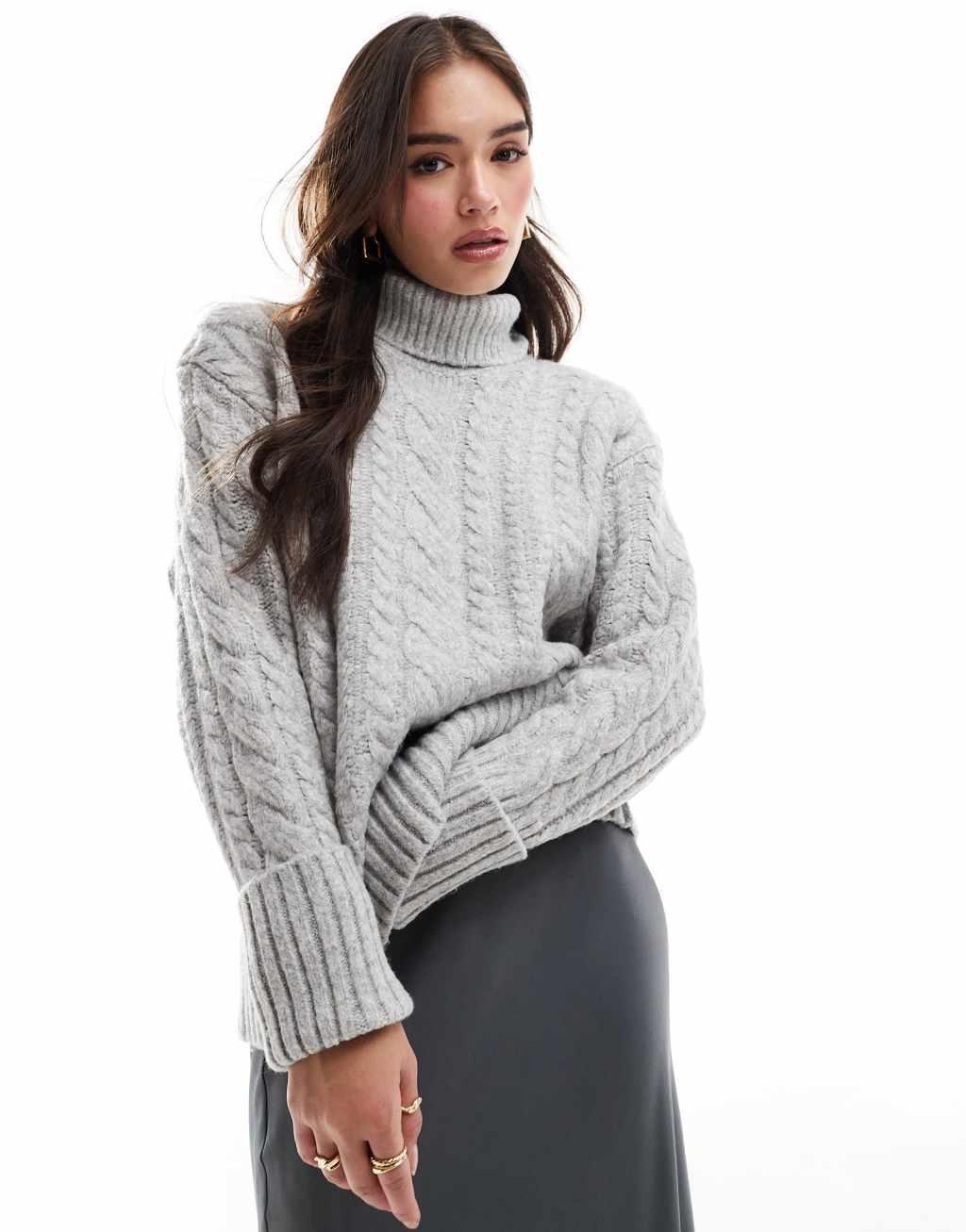 ASOS DESIGN high neck cable sweater in gray Product Image