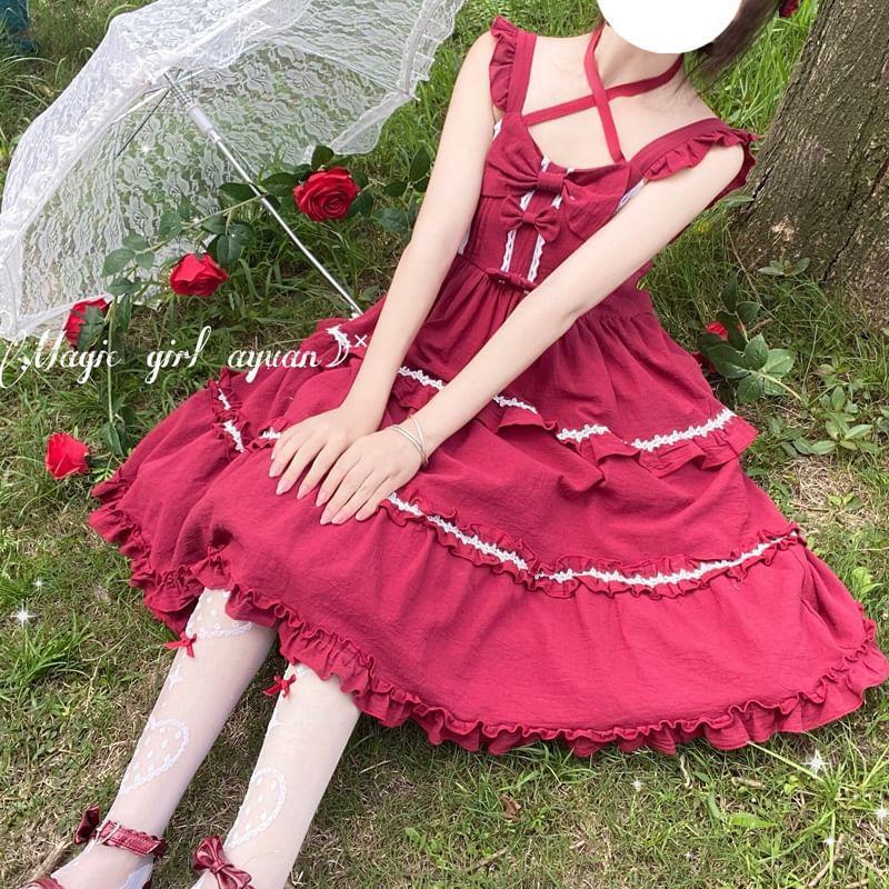 Puff-Sleeve Bow Ruffled Midi Pinafore Dress / Petticoat Product Image
