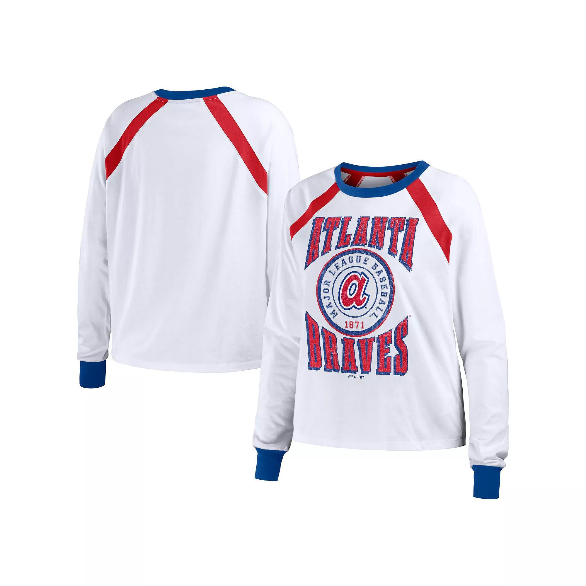 Women's WEAR by Erin Andrews White Atlanta Braves Raglan Long Sleeve T-Shirt, Size: XL Product Image