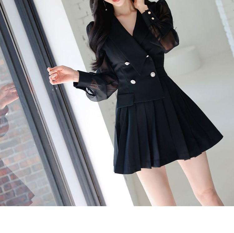 Long-Sleeve Plain Pleated Double-Breasted Mini A-Line Blazer Dress Product Image
