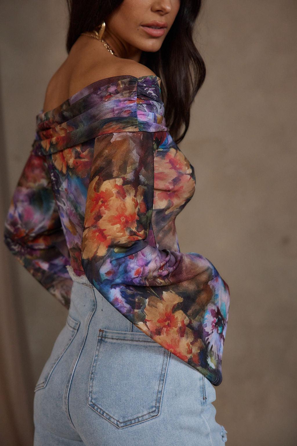 Amelia Floral Abstract Off the Shoulder Long Sleeve Top Product Image
