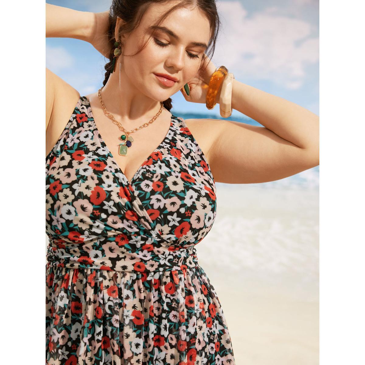 Plus Size Natural Flowers Mesh Slit Hem Gathered Swim Dress Women's Swimwear Multicolor Beach Bodycon Overlap Collar High stretch Curve Swim Dresses BloomChic 28/5X Product Image