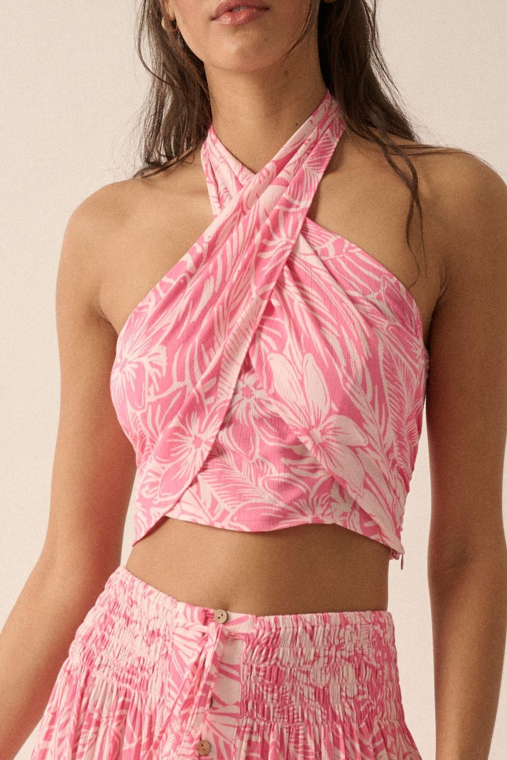 Floral Crisscross-Strap Cropped Halter Top Product Image