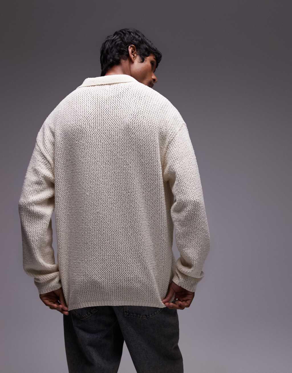 Topman long sleeve open knit shirt in cream Product Image