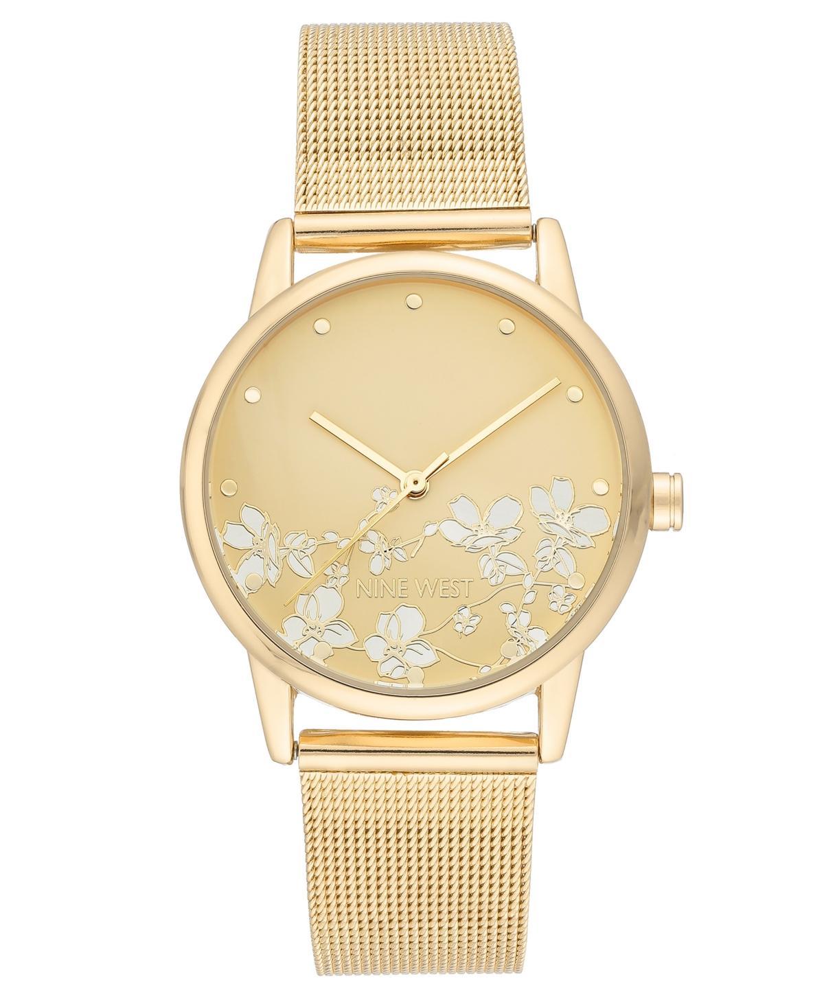 Nine West Women's Stainless Steel Mesh Bracelet Watch with Flower Dial, Size: Medium, Gold Tone Product Image