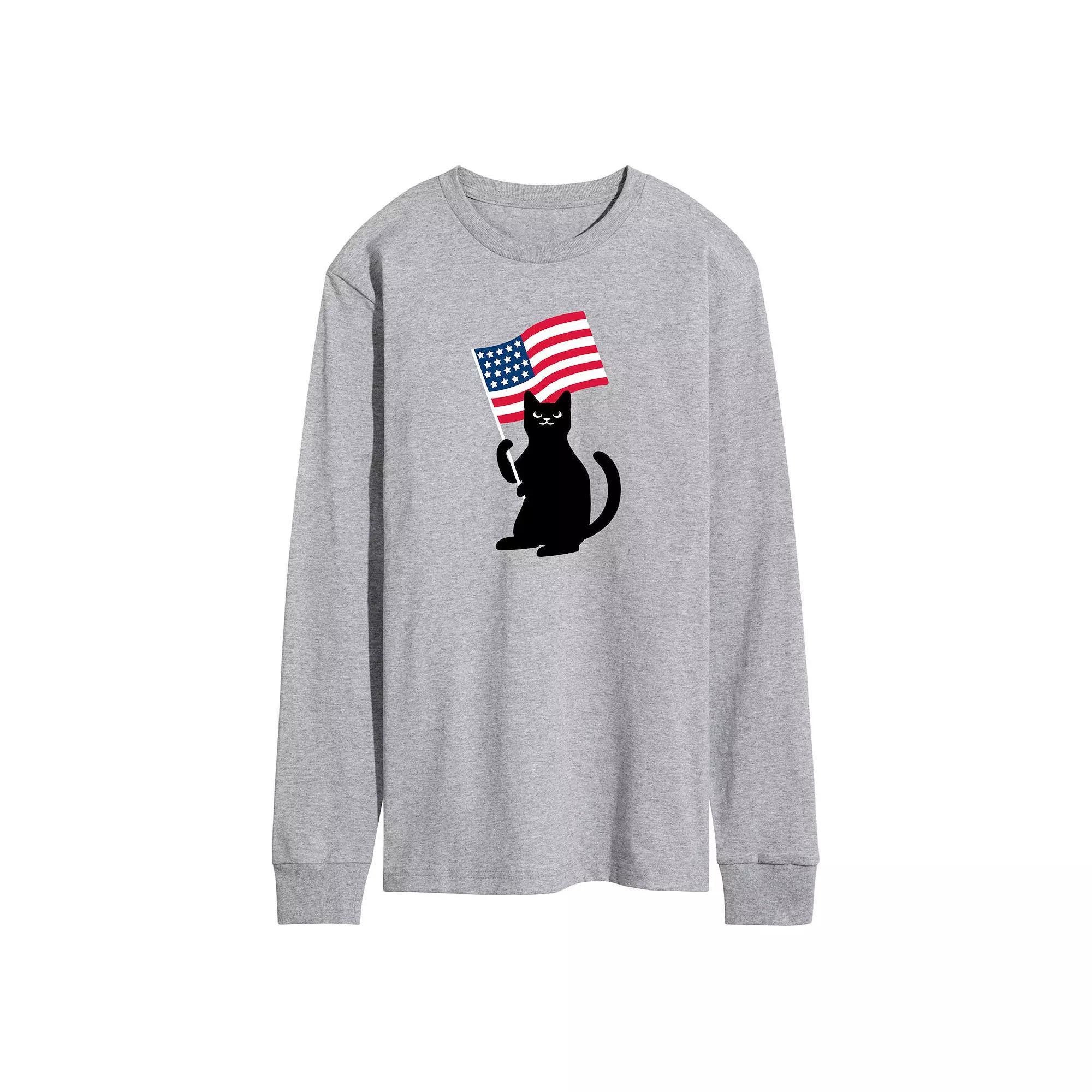 Mens Black Cat With Flag Long Sleeve Graphic Tee. Grey Gray Product Image