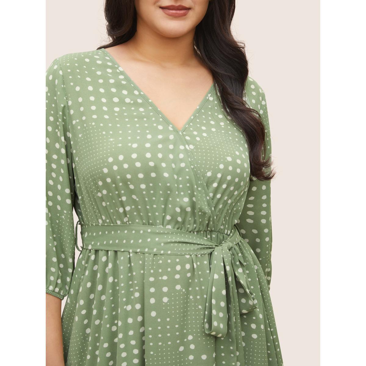Plus Size Polka Dot Overlap Collar Belted Lantern Sleeve Dress Mint Women Elegant Non Overlap Collar Elbow-length sleeve Curvy Midi Dress BloomChic 22-24/3X Product Image