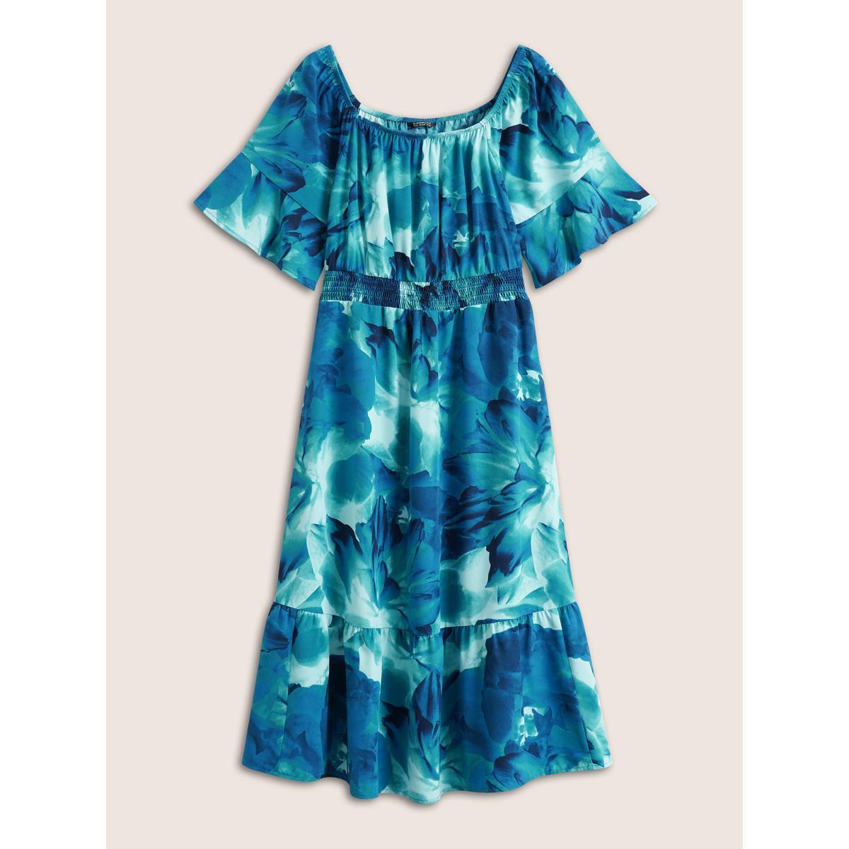 Plus Size Square Neck Floral Shirred Ruffle Sleeve Dress Blue Women Elegant Non Square Neck Short sleeve Curvy Midi Dress BloomChic 26/4X Product Image