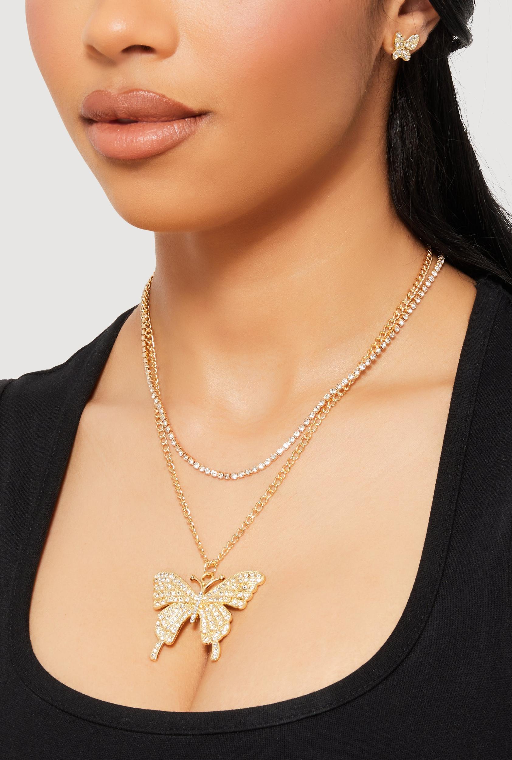 Butterfly Cubic Zirconia Layered Necklace and Earrings Set Female Product Image