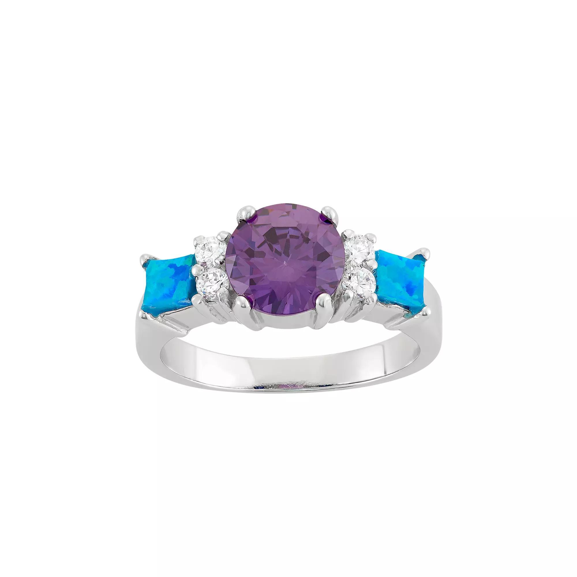 Cubic Zirconia & Lab-Created Blue Opal Sterling Silver 3-Stone Ring, Women's, Size: 6 Product Image