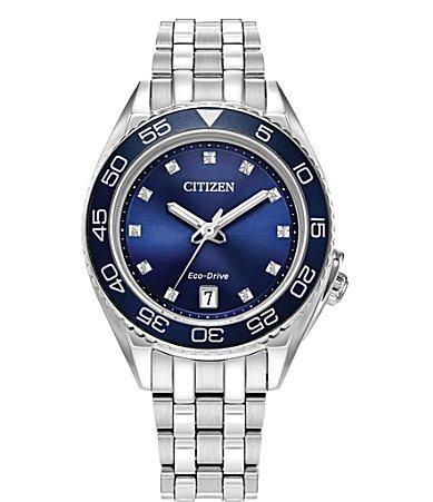 Citizen Womens Eco-Drive Carson Stainless Steel Diamond Accent Blue Dial Bracelet Watch Silver Product Image