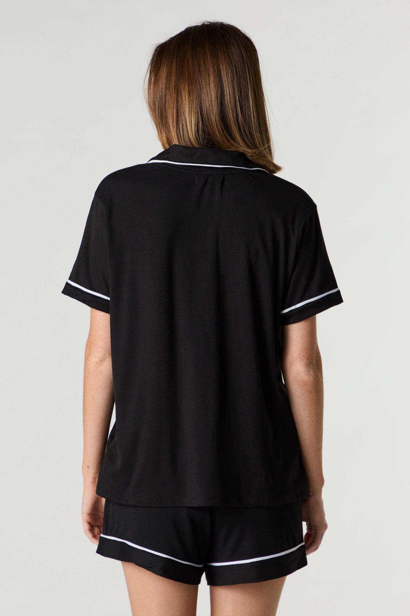 Ribbed Contrast Trim Top & Short 2 Piece Pajama Set Female Product Image