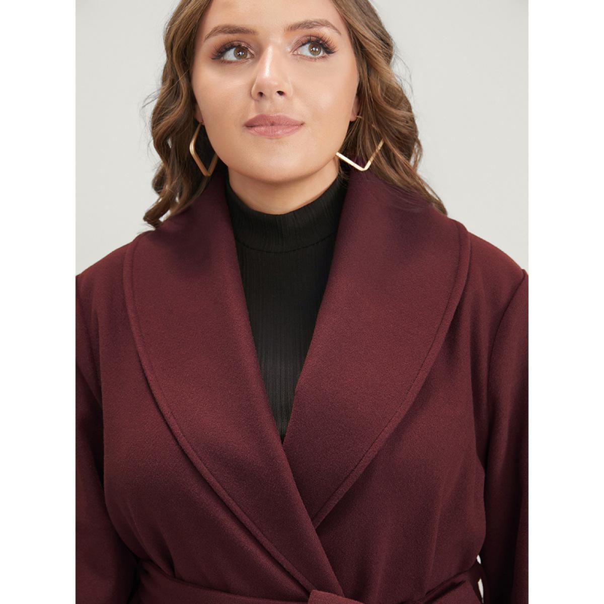 Plus Size Solid Lapel Collar Belted Pocket Coat Women Burgundy Casual Cross straps Ladies Dailywear Winter Coats BloomChic 22-24/3X Product Image