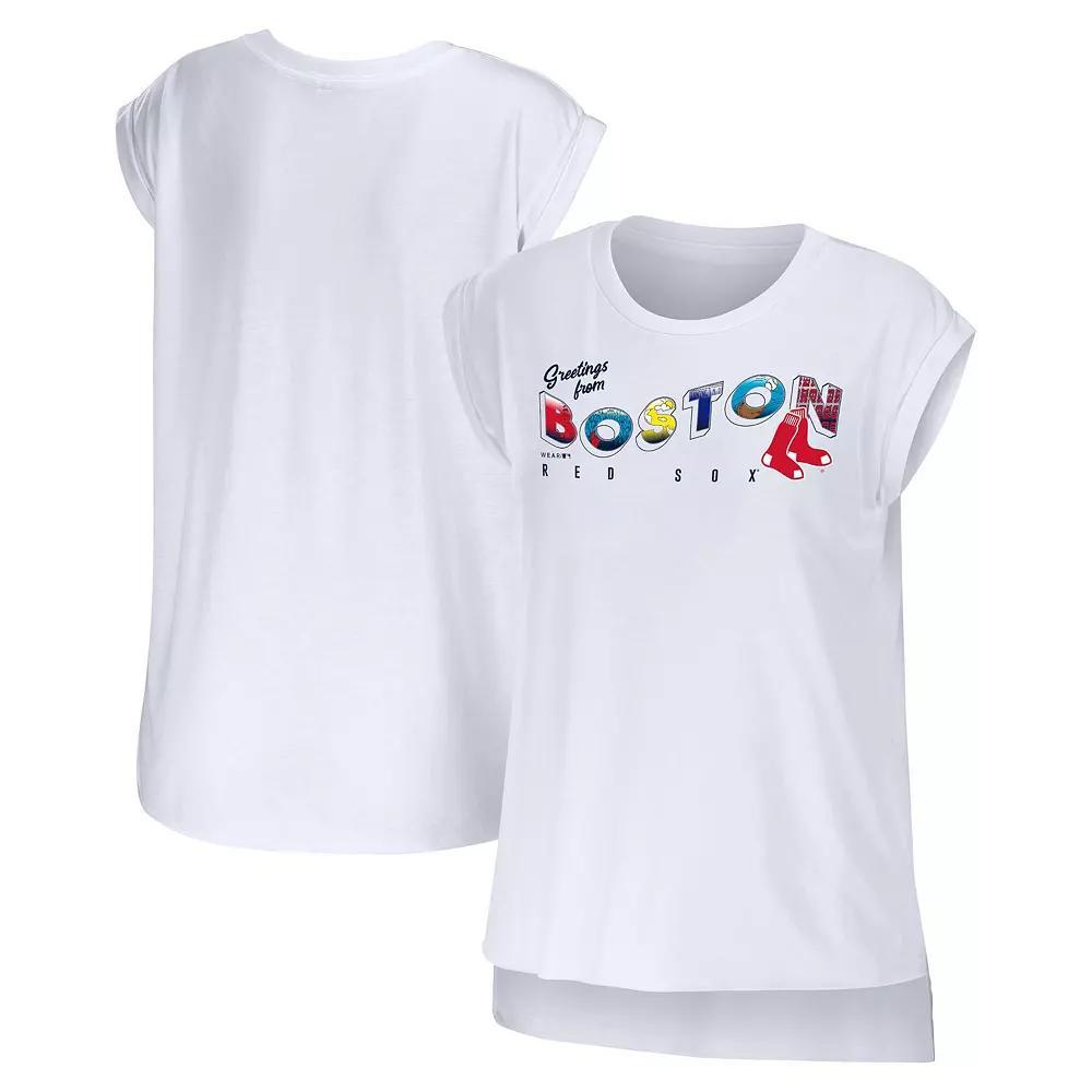 Women's WEAR by Erin Andrews White Boston Red Sox Greetings From T-Shirt, Size: Large Product Image