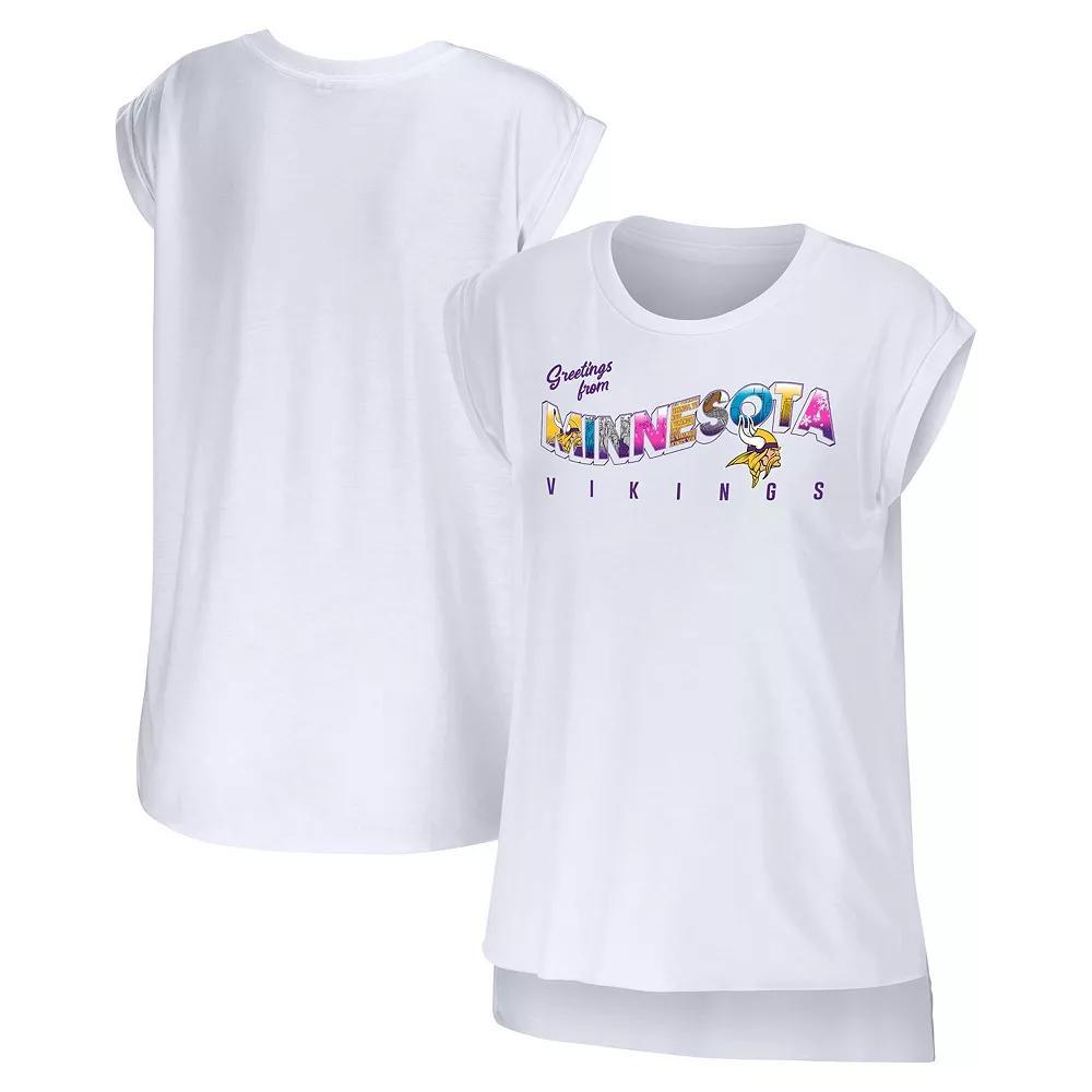 Women's WEAR by Erin Andrews White Minnesota Vikings Greetings From Muscle T-Shirt, Size: XS Product Image