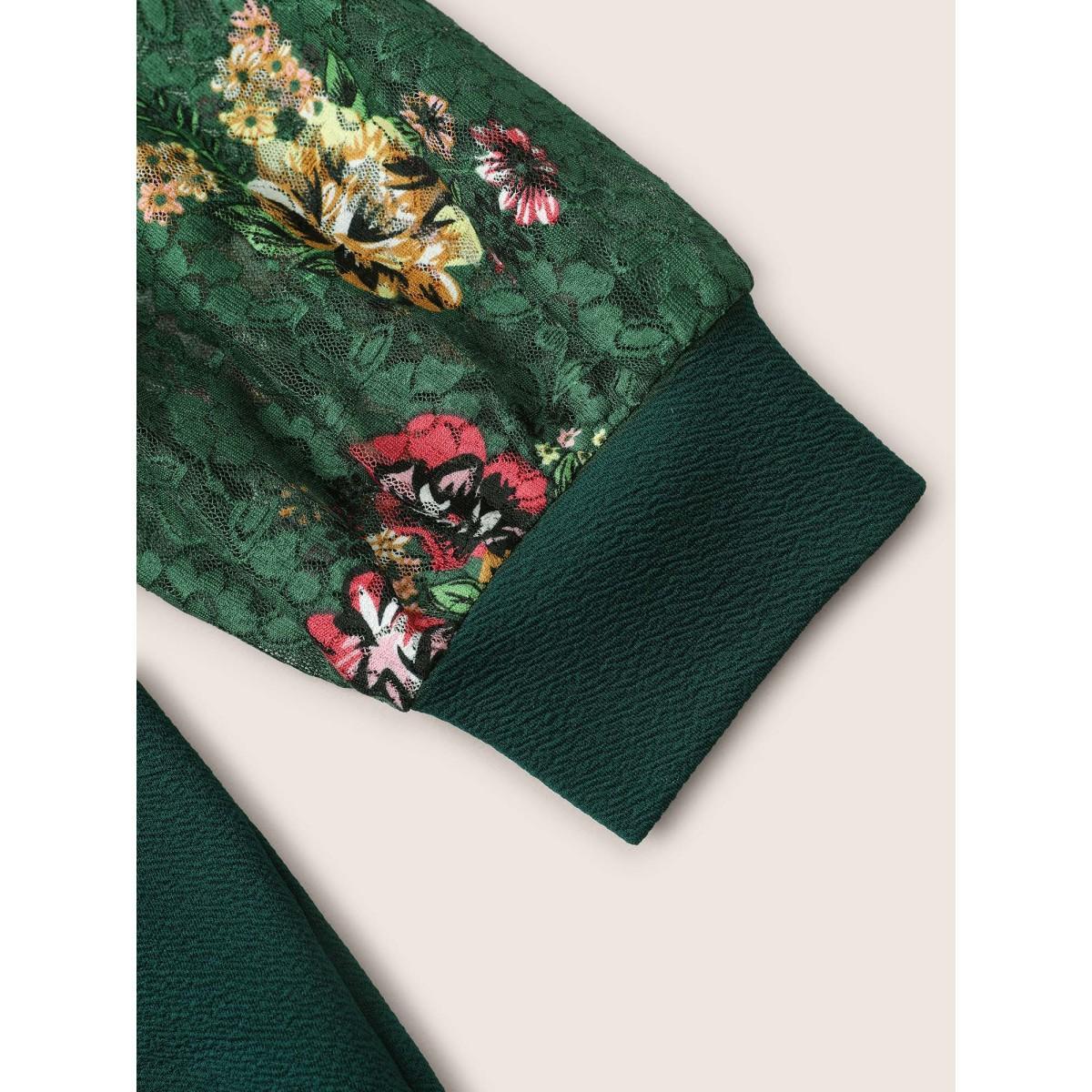 Plus Size Crochet Lace Floral Print Round Neck Sweatshirt Women DarkGreen Elegant Non Round Neck Everyday Sweatshirts BloomChic 18-20/2X Product Image
