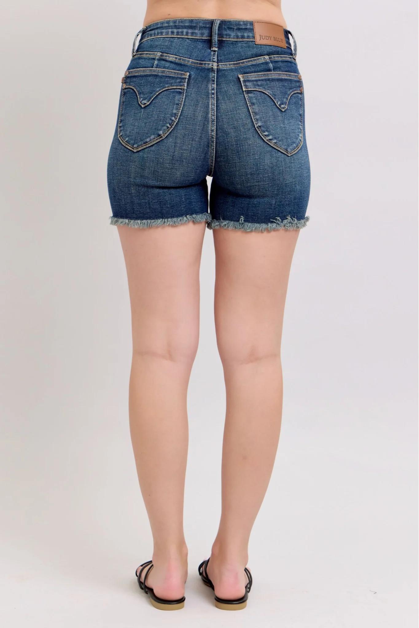 Judy Blue HW Tummy Control Fray Hem & Shield Back Pocket Shorts Product Image