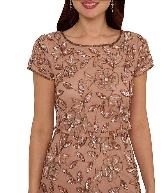 Adrianna Papell Beaded Mesh Crew Neck Short Sleeve Blouson Long Dress Product Image
