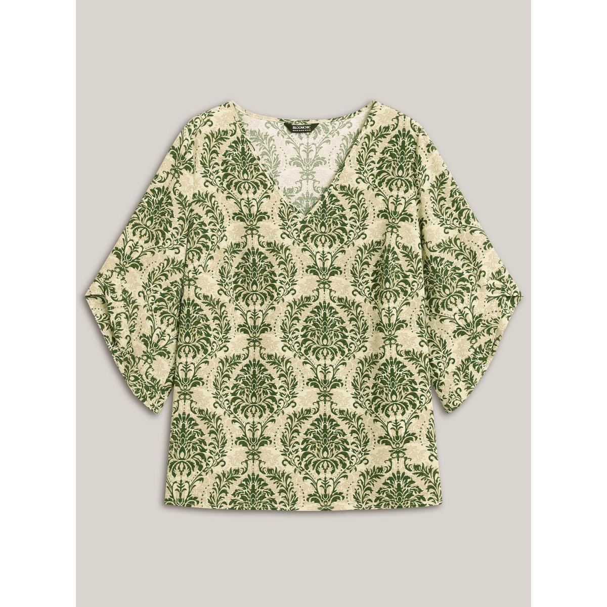 Plus Size Moss Damask Print Flared Sleeve V-Neck Shirt Women Resort Elbow-length sleeve V-neck Vacation Blouses BloomChic 26/4X Product Image