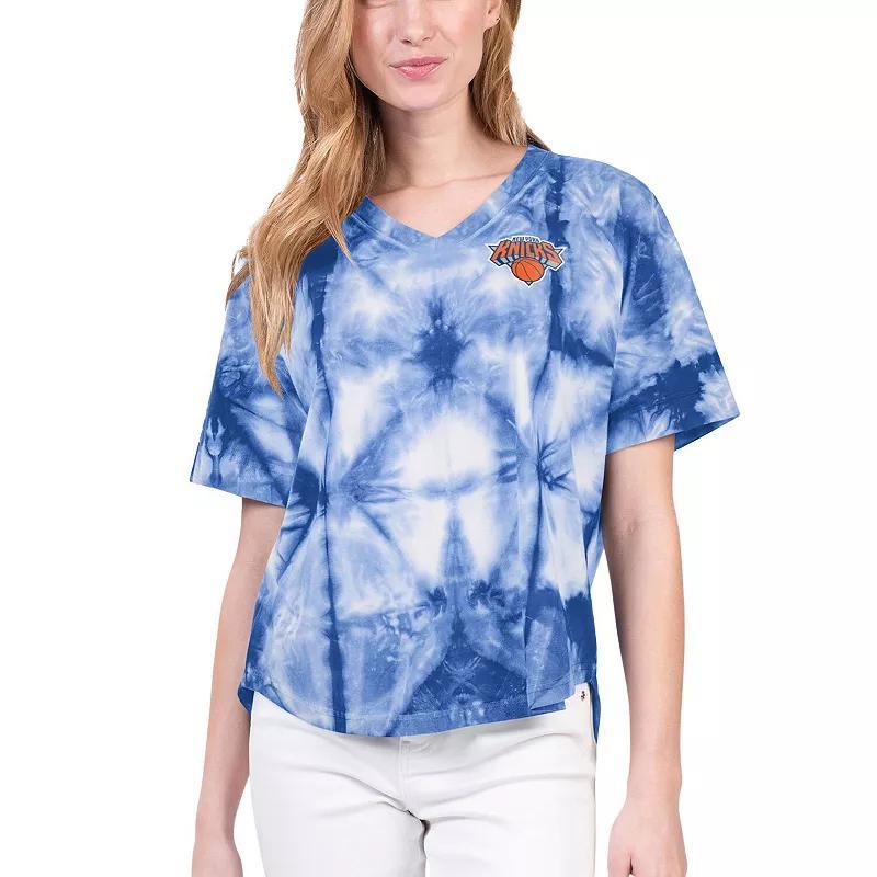 Women's G-III 4Her by Carl Banks Blue New York Knicks Tournament Raglan Oversized Tie-Dye V-Neck T-Shirt, Size: Small Product Image