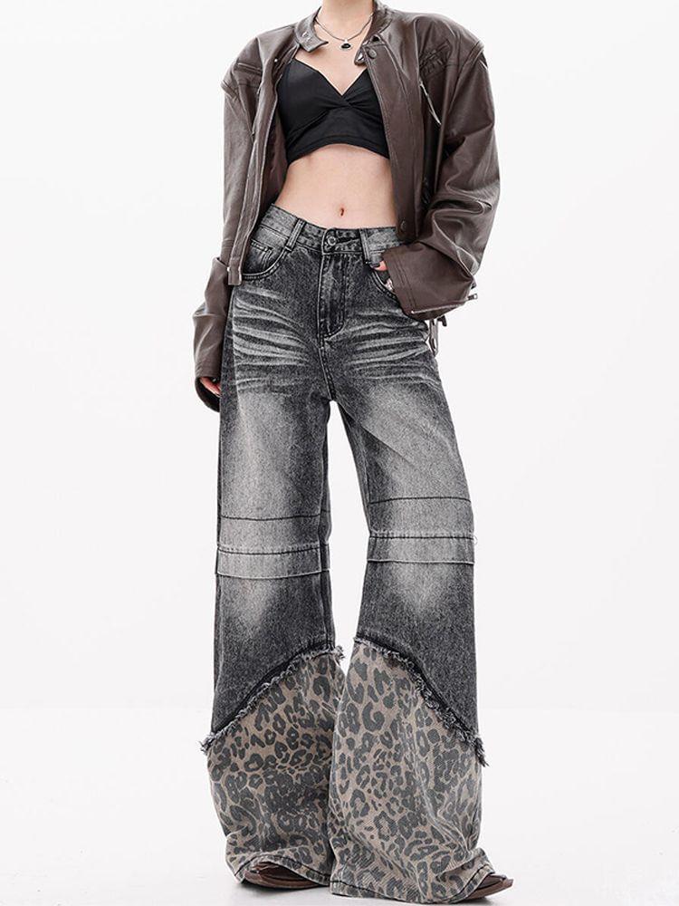 Low Rise Washed Leopard Print Paneled Straight-Fit Wide-Leg Jeans Product Image