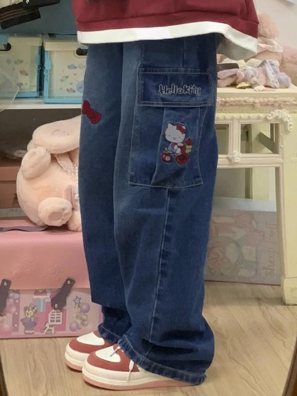Cartoon Embroidery High Waist Loose Boyfriend Jeans Product Image