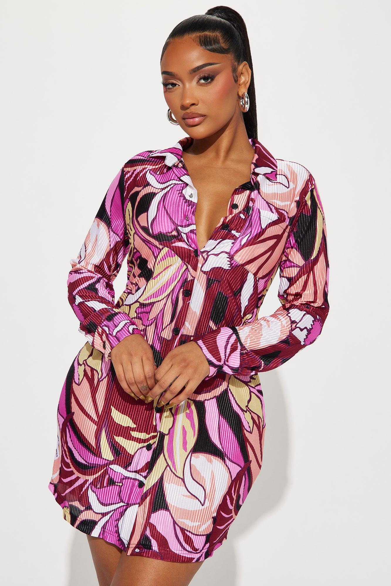 Lisa Plisse Tropical Shirt Dress - Fuchsia/combo Product Image