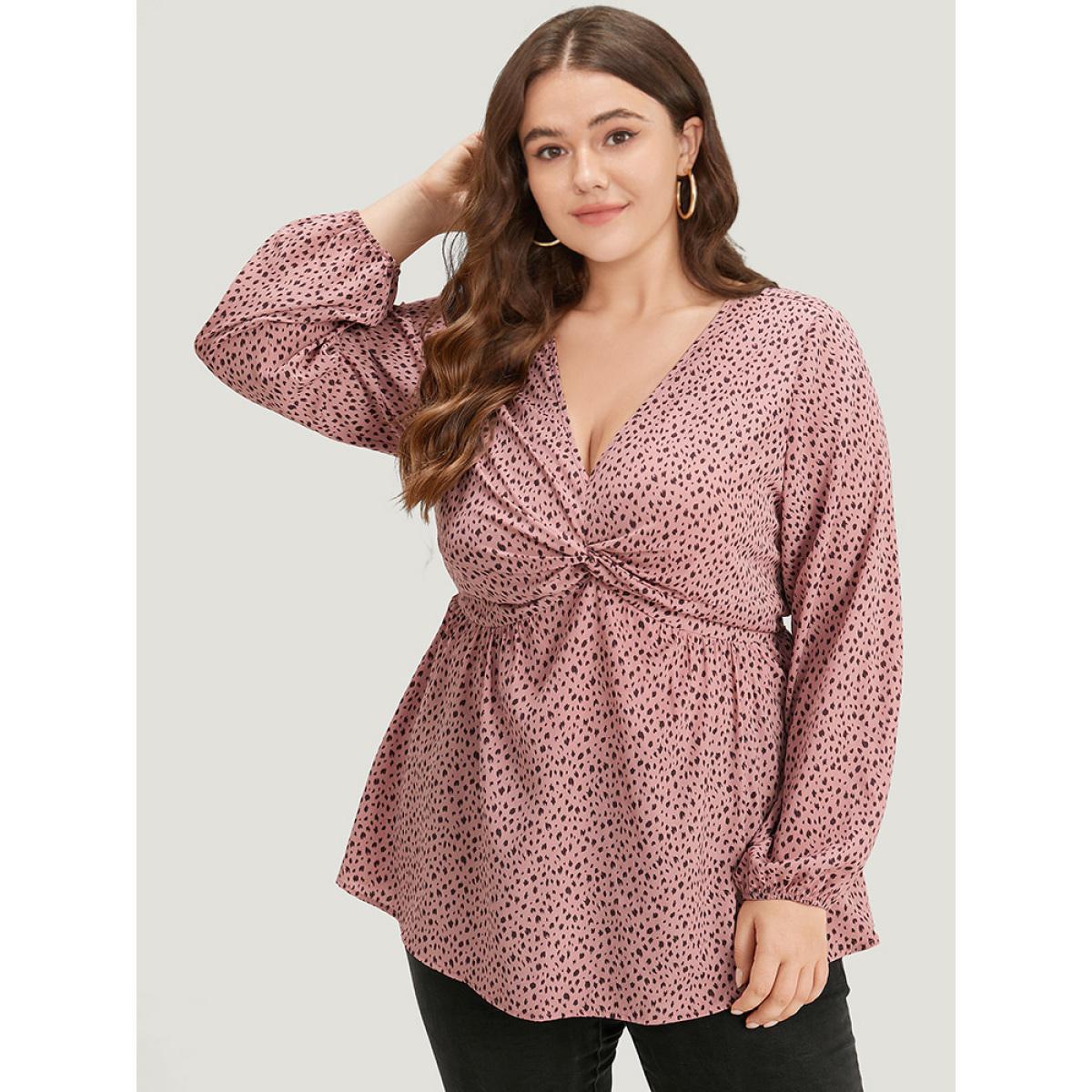 Plus Size Rouge Dot Print Twist Front Gathered V Neck Blouse Women Elegant Long Sleeve V-neck Everyday Blouses BloomChic 10/M Product Image